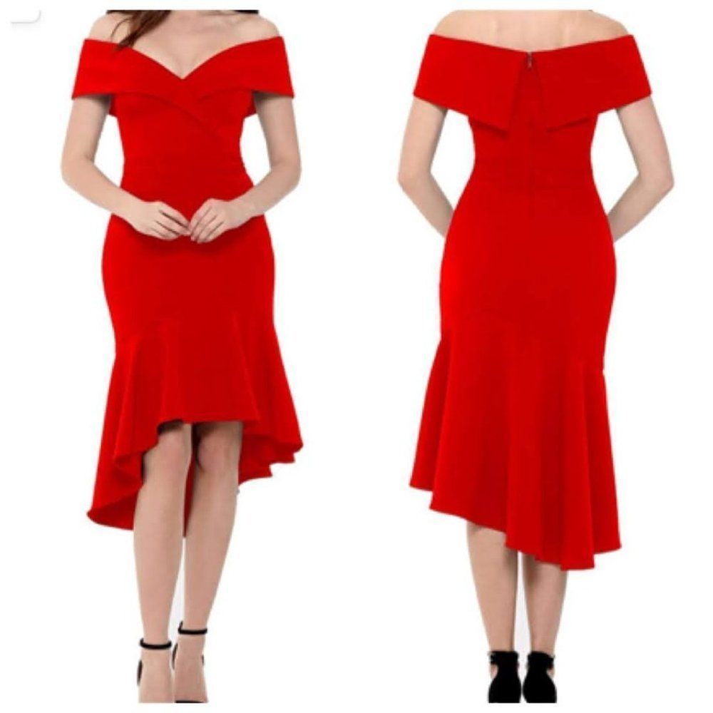 $239 Xscape Off Shoulder High Low Ruffle Dress Sz 12 Dark Red